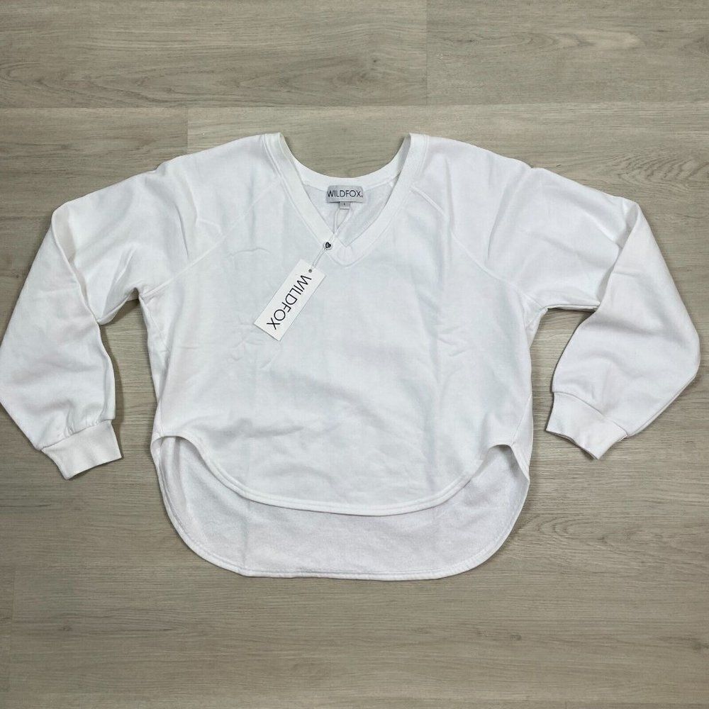 WILDFOX Victoria Pullover Sweater Womens Large‎ White V Neck High Low Fleece - Picture 2 of 6